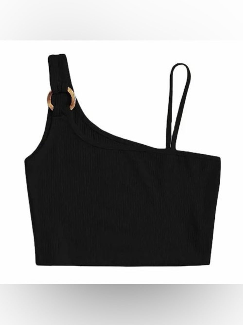 Black One-Shoulder Crop Top with Ring Detail - Women
